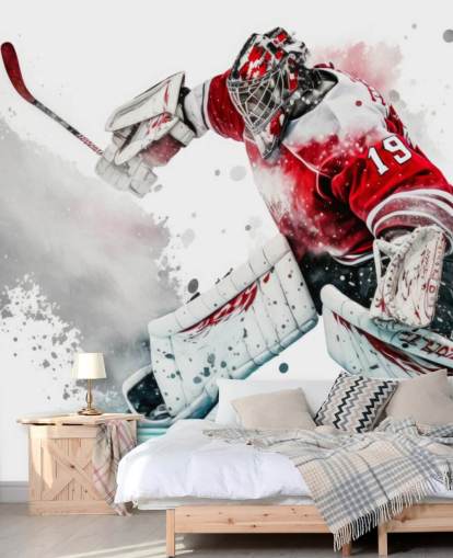 red and white hockey wallpaper called Hockey Goalie for bedrooms and hockey clubs