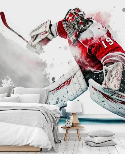 red and white hockey wallpaper called Hockey Goalie for bedrooms and hockey clubs