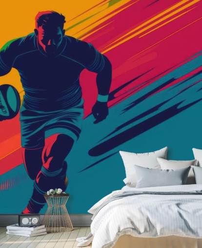 yellow, red and green rugby wall mural called Rugby Silhouette for teen bedrooms, gyms and workout spaces