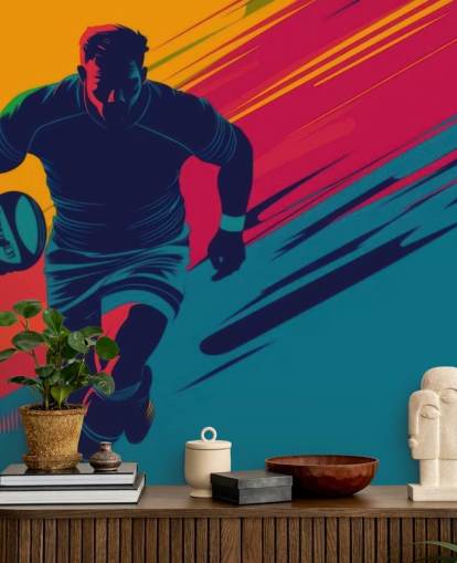 gele, rode en groene rugbymuurschildering genaamd Rugby Silhouette voor tienerkamers, sportscholen en trainingsruimtes