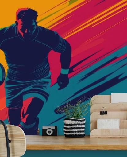 yellow, red and green rugby wall mural called Rugby Silhouette for teen bedrooms, gyms and workout spaces