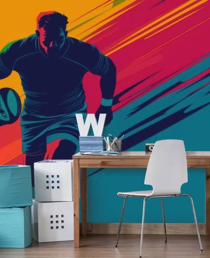 gelbes, rotes und grünes Rugby-Wandbild namens Rugby Silhouette für Jugendzimmer, Fitnessstudios und Trainingsräume