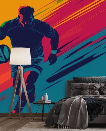 murale di rugby giallo, rosso e verde chiamato Rugby Silhouette per camere da letto per adolescenti, palestre e spazi di allenamento