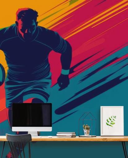gul, rød og grøn rugby vægmaleri kaldet Rugby Silhouette til teenagerværelser, fitnesscentre og træningsrum