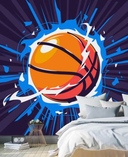 mural de papel pintado de baloncesto azul y naranja llamado Basketball on Fire para dormitorios de niños y escuelas