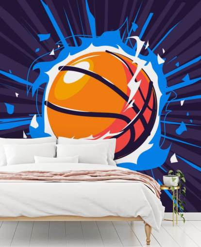 blue and orange basketball wallpaper mural called Basketball on Fire for kids bedrooms and schools