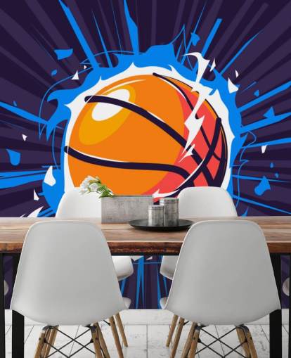 blue and orange basketball wallpaper mural called Basketball on Fire for kids bedrooms and schools blue and orange basketball wallpaper mural called Basketball on Fire for kids bedrooms and schools