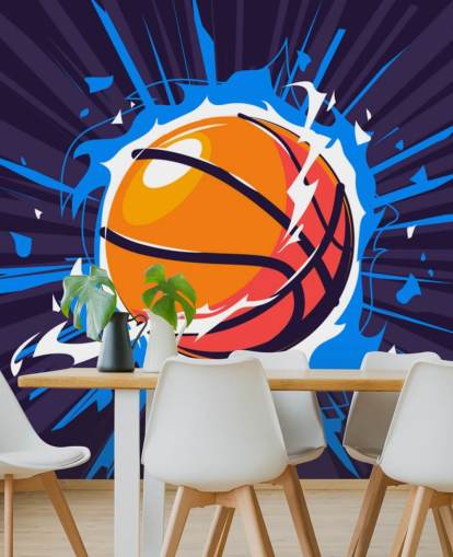 blue and orange basketball wallpaper mural called Basketball on Fire for kids bedrooms and schools blue and orange basketball wallpaper mural called Basketball on Fire for kids bedrooms and schools