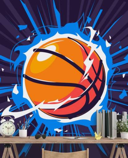 carta da parati murale con pallacanestro blu e arancione chiamata Basketball on Fire per le camere dei bambini e le scuole carta da parati murale con pallacanestro blu e arancione chiamata Basketball on Fire per le camere dei bambini e le scuole