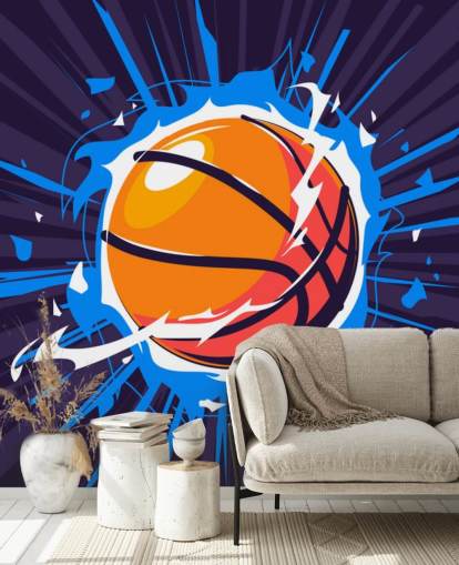 blue and orange basketball wallpaper mural called Basketball on Fire for kids bedrooms and schools blue and orange basketball wallpaper mural called Basketball on Fire for kids bedrooms and schools