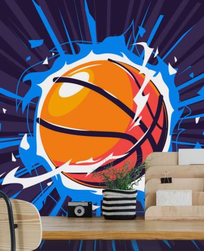 blue and orange basketball wallpaper mural called Basketball on Fire for kids bedrooms and schools blue and orange basketball wallpaper mural called Basketball on Fire for kids bedrooms and schools
