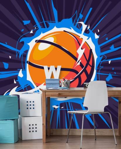 mural de papel pintado de baloncesto azul y naranja llamado Basketball on Fire para dormitorios de niños y escuelas