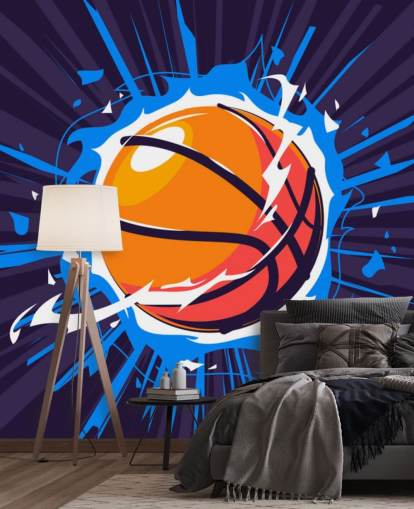 blått og oransje basketball tapet veggmaleri kalt Basketball on Fire for barnerom og skoler blått og oransje basketball tapet veggmaleri kalt Basketball on Fire for barnerom og skoler