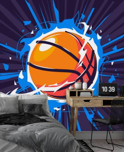 Basketball-Tapete in Blau und Orange mit dem Titel Basketball on Fire für Kinderzimmer und Schulen