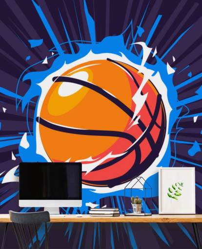 carta da parati murale con pallacanestro blu e arancione chiamata Basketball on Fire per le camere dei bambini e le scuole