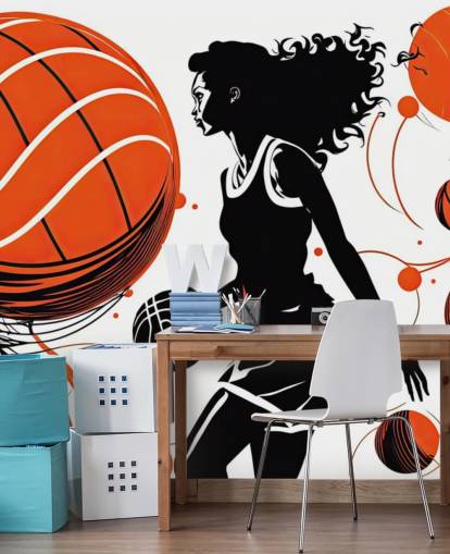 orange og sort basketball tapet vægmaleri kaldet Retro Basketball Player orange og sort basketball tapet vægmaleri kaldet Retro Basketball Player