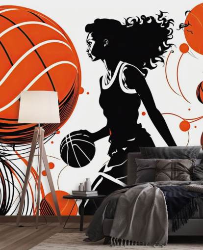 orangefarbenes und schwarzes Basketball-Wandbild mit dem Titel Retro Basketball Player