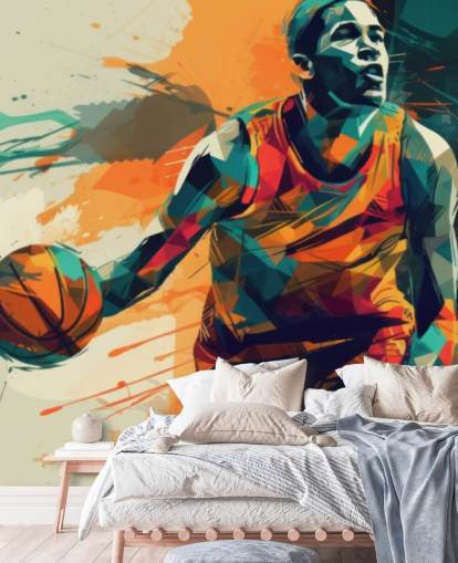 orange and blue basketball wall mural called Abstract Basketball Player for kids bedrooms and gyms