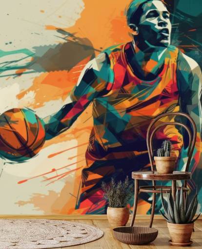 orange og blå basketball vægmaleri kaldet Abstract Basketball Player til børns soveværelser og fitnesscentre