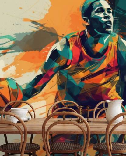 mural de pared de baloncesto naranja y azul llamado Abstract Basketball Player para dormitorios de niños y gimnasios mural de pared de baloncesto naranja y azul llamado Abstract Basketball Player para dormitorios de niños y gimnasios