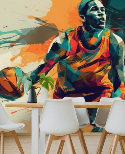 mural de pared de baloncesto naranja y azul llamado Abstract Basketball Player para dormitorios de niños y gimnasios