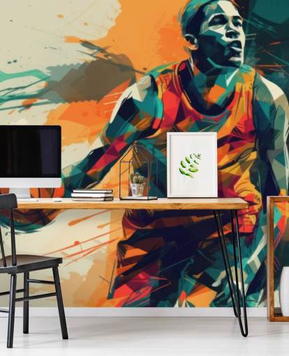 Orangefarbenes und blaues Basketball-Wandbild namens Abstract Basketball Player für Kinderzimmer und Fitnessstudios Orangefarbenes und blaues Basketball-Wandbild namens Abstract Basketball Player für Kinderzimmer und Fitnessstudios