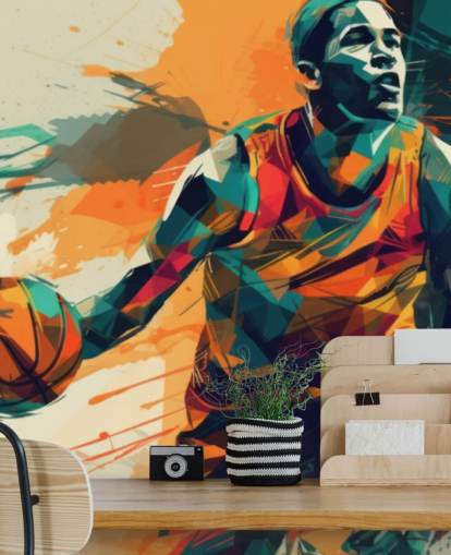 orange och blå basket väggmålning som heter Abstract Basketball Player för barnens sovrum och gym orange och blå basket väggmålning som heter Abstract Basketball Player för barnens sovrum och gym