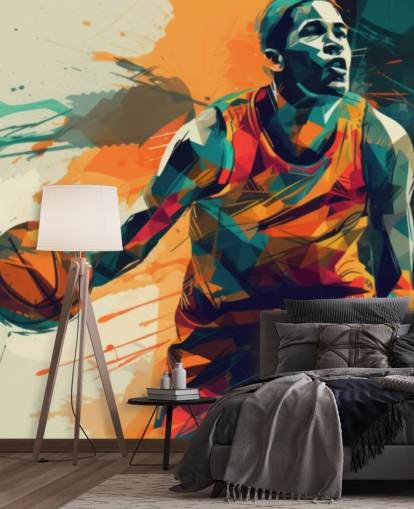 mural de parede de basquete laranja e azul chamado Abstract Basketball Player para quartos e academias infantis