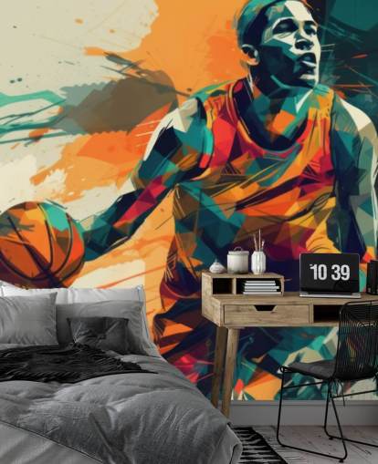 orange and blue basketball wall mural called Abstract Basketball Player for kids bedrooms and gyms