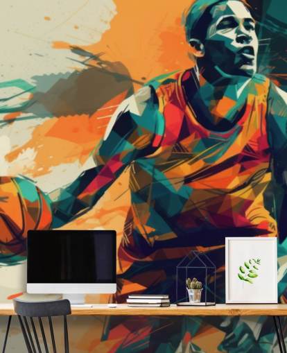mural de parede de basquete laranja e azul chamado Abstract Basketball Player para quartos e academias infantis