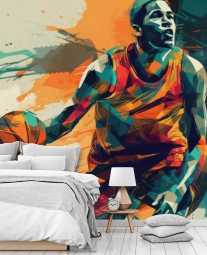 orange and blue basketball wall mural called Abstract Basketball Player for kids bedrooms and gyms