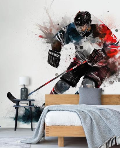 white, blue and red hockey wallpaper mural called Ice Hockey Watercolor for kids bedrooms