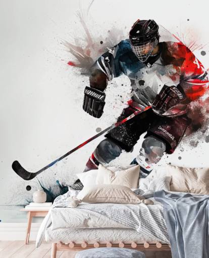 mural de papel de parede de hóquei branco, azul e vermelho chamado Ice Hockey Watercolour para quartos infantis