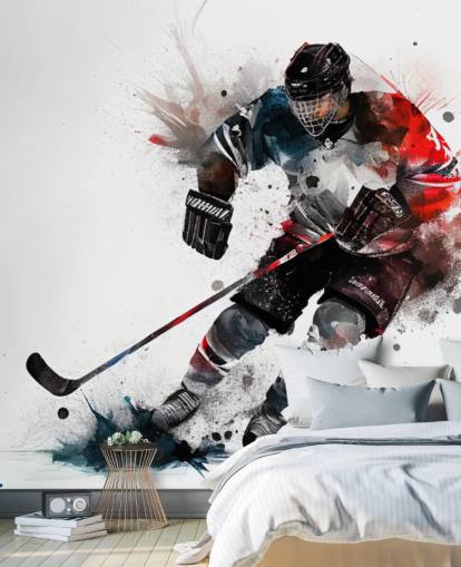 mural de papel pintado de hockey blanco, azul y rojo llamado Ice Hockey Watercolour para dormitorios de niños mural de papel pintado de hockey blanco, azul y rojo llamado Ice Hockey Watercolour para dormitorios de niños