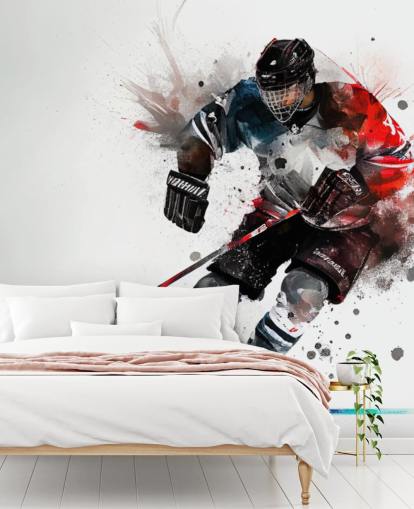 white, blue and red hockey wallpaper mural called Ice Hockey Watercolor for kids bedrooms white, blue and red hockey wallpaper mural called Ice Hockey Watercolor for kids bedrooms