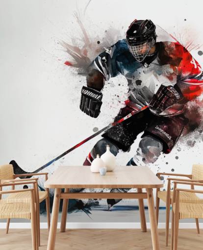 white, blue and red hockey wallpaper mural called Ice Hockey Watercolour for kids bedrooms
