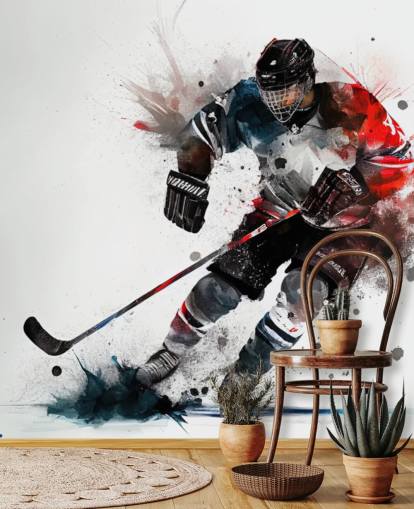 hvid, blå og rød hockey tapet vægmaleri kaldet Ice Hockey Akvarel til børns soveværelser hvid, blå og rød hockey tapet vægmaleri kaldet Ice Hockey Akvarel til børns soveværelser