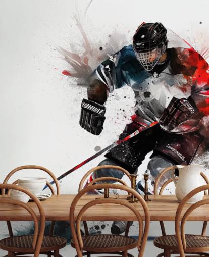 white, blue and red hockey wallpaper mural called Ice Hockey Watercolour for kids bedrooms white, blue and red hockey wallpaper mural called Ice Hockey Watercolour for kids bedrooms