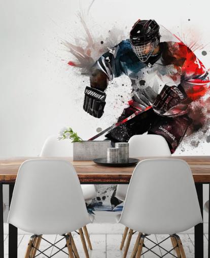 white, blue and red hockey wallpaper mural called Ice Hockey Watercolor for kids bedrooms