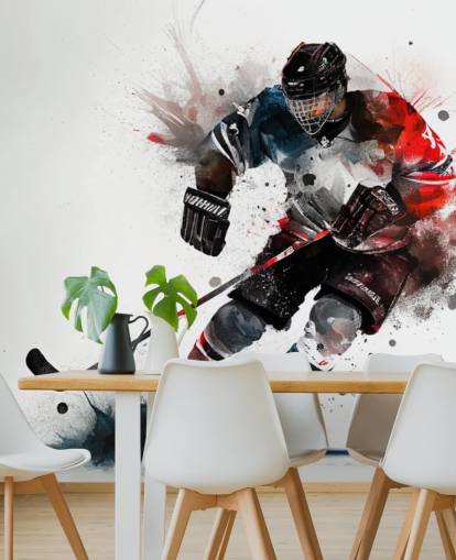 white, blue and red hockey wallpaper mural called Ice Hockey Watercolor for kids bedrooms