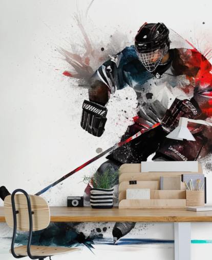 valkoinen, sininen ja punainen jääkiekkotaustakuvamaalaus nimeltä Ice Hockey Watercolor lasten makuuhuoneisiin