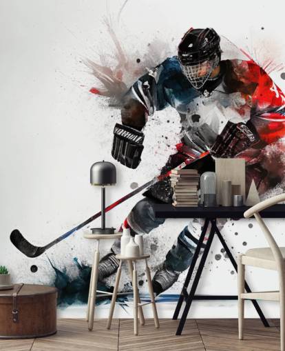 white, blue and red hockey wallpaper mural called Ice Hockey Watercolor for kids bedrooms