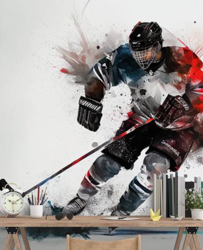 white, blue and red hockey wallpaper mural called Ice Hockey Watercolor for kids bedrooms