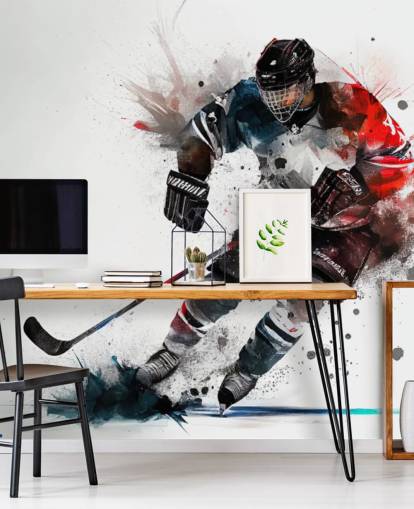 mural de papel pintado de hockey blanco, azul y rojo llamado Ice Hockey Watercolour para dormitorios de niños