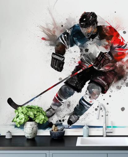 mural de papel pintado de hockey blanco, azul y rojo llamado Ice Hockey Watercolour para dormitorios de niños