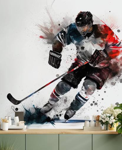 witte, blauwe en rode hockeybehangmuurschildering genaamd Ice Hockey Watercolour voor kinderkamers