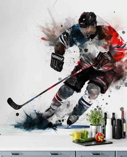 white, blue and red hockey wallpaper mural called Ice Hockey Watercolor for kids bedrooms white, blue and red hockey wallpaper mural called Ice Hockey Watercolor for kids bedrooms