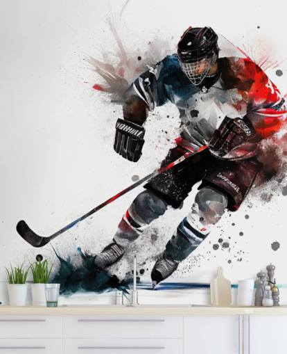 papier peint mural de hockey blanc, bleu et rouge appelé Ice Hockey Watercolour pour chambres d'enfants