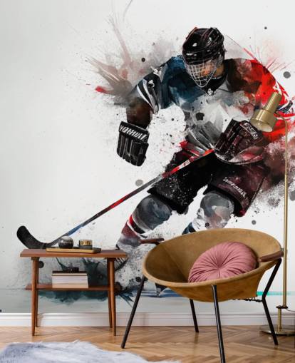 white, blue and red hockey wallpaper mural called Ice Hockey Watercolor for kids bedrooms