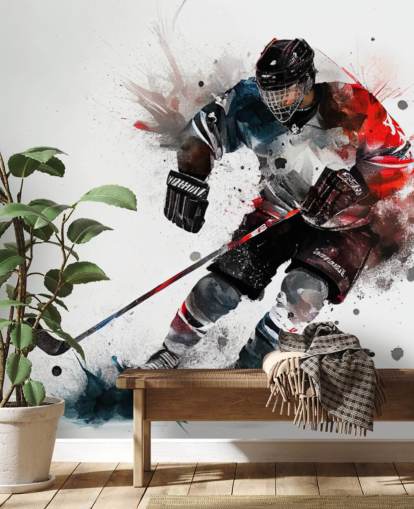 white, blue and red hockey wallpaper mural called Ice Hockey Watercolor for kids bedrooms